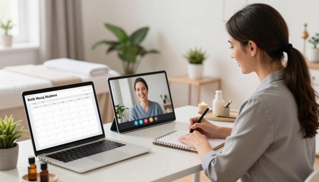 A serene and well-organized massage therapy appointment management scene for "Butik Masaj Akademi". The foreground features a neatly arranged desktop with a laptop displaying a digital appointment calendar, a notepad, and a few essential oils. In the middle, a professional massage therapist in smart business attire, engaging with a client over video call, smiling and taking notes. The therapist's workspace is decorated with calming elements like potted plants and soft lighting. The background hints at a soothing massage therapy room, complete with soft towels and decor, conveying an atmosphere of professionalism and tranquility. Bright, natural light floods the scene, and the camera is positioned at a slight angle to create depth and perspective.