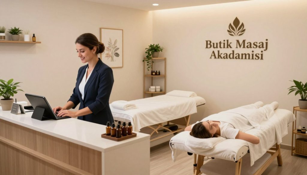 A serene interior of a massage therapy studio in Kadıköy, designed to evoke relaxation and professionalism. In the foreground, a well-organized reception desk featuring a friendly receptionist in smart casual attire, assisting a client as they schedule a massage appointment on a modern tablet. In the middle ground, soft lighting bathes the space, with plush massage tables draped in crisp linens, essential oils on a nearby shelf, and calming decor such as plants and art. In the background, a wall displays the brand name "Butik Masaj Akademisi" elegantly. The atmosphere is peaceful, inviting, and informative, promoting the importance of following a systematic approach to booking massage sessions for optimal health benefits. The perspective is slightly angled to capture the open space.