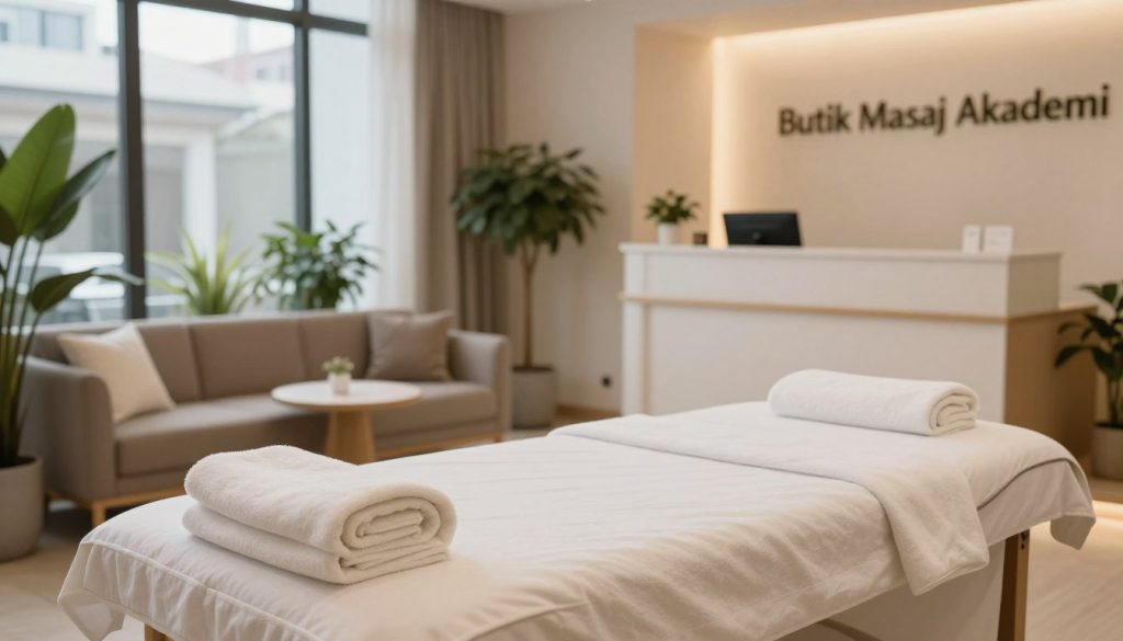 A serene interior of a wellness center in Kadıköy, focusing on cleanliness and relaxation. In the foreground, an elegantly arranged massage room featuring a comfortable massage table with fresh, crisp linens and soft, fluffy towels neatly stacked nearby. In the middle, a tranquil waiting area with plants, soothing colors, and ambient lighting that casts a warm glow. In the background, a clean reception desk with a welcoming atmosphere, showcasing the brand name "Butik Masaj Akademi" prominently but subtly. The overall vibe is calming, with soft natural light filtering through large windows. The scene is devoid of any people, emphasizing a pristine environment that adheres to high hygiene standards, suitable for potential clients seeking massage therapy.
