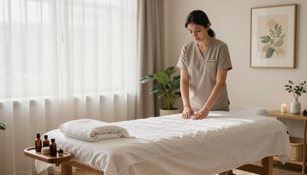 A serene interior scene showcasing a massage therapy room reflecting "Butik Masaj Akademi." In the foreground, a neatly made massage table adorned with fresh, white linens and soothing aromatherapy oils arranged on a small wooden table. The middle ground features a professional massage therapist in modest casual attire preparing the space, exuding calmness and expertise. Soft, natural light filters through sheer curtains, creating a warm, inviting atmosphere. In the background, potted plants add a touch of tranquility, and calming artwork hangs on the wall. The overall mood is one of relaxation and professionalism, emphasizing the quality of massage services offered. The image should be devoid of any text, captions, or watermarks.