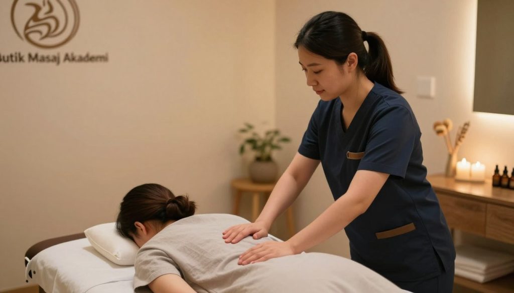 A serene massage therapy room, emphasizing the professional boundaries between a therapist and client. In the foreground, a professional massage therapist in smart casual attire is engaged in a supportive interaction with a client, who is comfortably seated on a massage table. The therapist is maintaining a respectful distance, illustrating clear professional boundaries. Soft, warm lighting bathes the room, creating an inviting atmosphere, while essential oils and calming decor are visible in the background. The lens captures a slightly elevated angle, revealing the therapeutic environment. The focus is on the calm and respectful interaction, encapsulating dedication to professionalism in therapy. Include the logo of "Butik Masaj Akademi" subtly in the background.