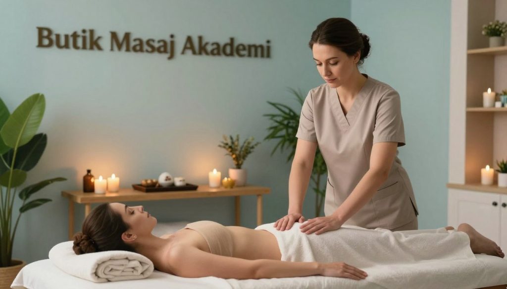 A serene massage therapy setting in Kadıköy, featuring a professional therapist from "Butik Masaj Akademi." In the foreground, a relaxed therapist, dressed in modest and professional attire, is gently preparing a massage table. The middle ground showcases soothing elements like soft towels, aromatic candles, and plants that enhance tranquility. In the background, a calming, muted color palette of pale blues and greens creates an inviting atmosphere, with warm, diffused lighting illuminating the space. Soft shadows play across the room, suggesting a peaceful, restorative environment. Capture the essence of relaxation and professionalism in this vibrant yet serene scene.