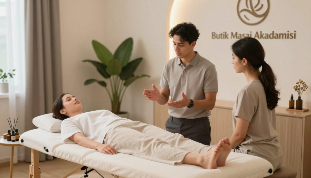 A serene, professional massage therapy consultation setting with a modern touch. In the foreground, a comfortable massage table is neatly arranged, adorned with soft linens and relaxing aromatherapy oils on a small table beside it. In the middle ground, a therapist in smart casual attire, such as a polo shirt and slacks, is engaged in discussion with a client. The client, dressed in modest leisure clothing, appears attentive and relaxed. The background features calming elements like plants and soft, warm lighting to create an inviting atmosphere. The logo of "Butik Masaj Akademisi" subtly displayed on a wall in the background. The overall mood is one of professionalism, trust, and open communication about customer feedback.