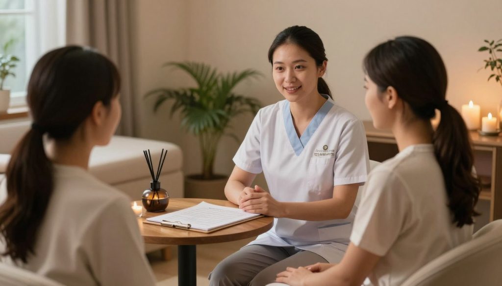 A serene, professional spa environment depicting a massage therapy consultation. In the foreground, a massage therapist in professional attire engages in a friendly conversation with a client seated comfortably on a plush chair, showcasing effective pre-massage communication strategies. The middle layer features a table with consultation notes and a calming essential oil diffuser, exuding a tranquil atmosphere. The background reveals a softly lit, soothing room with calming colors, featuring candles and plants, enhancing a sense of relaxation and safety. The lighting is warm and inviting, capturing the essence of a serene wellness space. "Butik Masaj Akademi" subtly integrated into the environment, reflecting professionalism and expertise. Create a mood of calm assurance, fostering trust and clear communication.