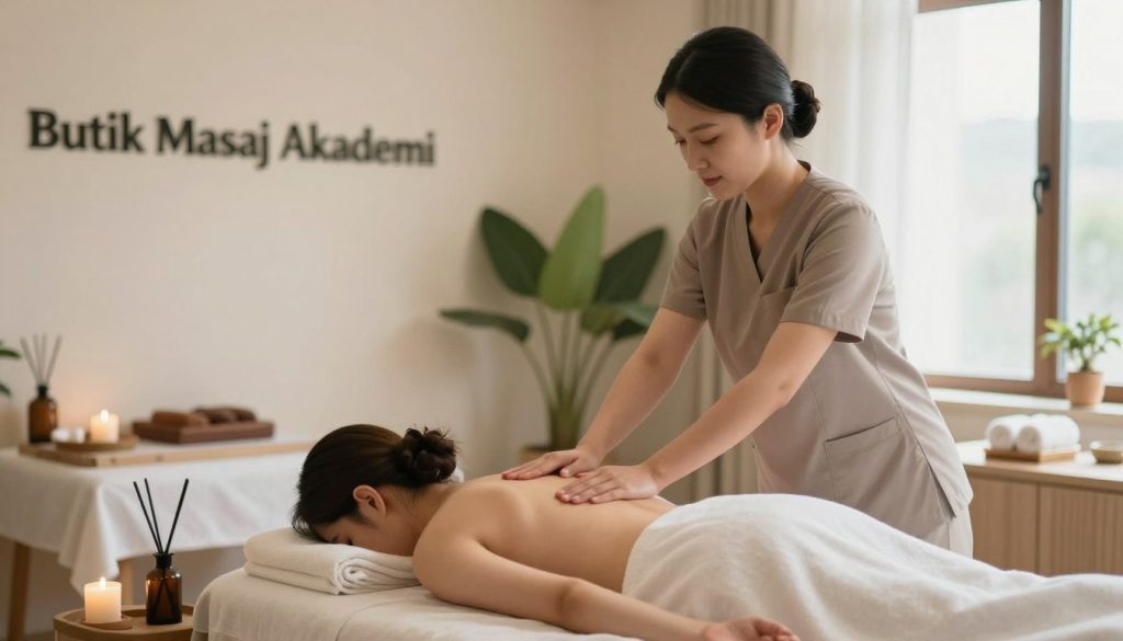 A serene spa environment showcasing a professional massage therapist representing "Butik Masaj Akademi". In the foreground, a therapist in modest professional attire is seen gently applying massage techniques on a client lying face down on a massage table, surrounded by soothing décor like soft towels and essential oil diffusers. The middle of the image features calming colors with plants and soft lighting illuminating the room, enhancing a tranquil atmosphere. In the background, there are subtle hints of wellness settings like a small wellness clinic or hospital room, emphasizing job opportunities in various environments. The overall mood is peaceful and inviting, highlighting professionalism and the supportive nature of a career in massage therapy. The composition is warm, with soft natural light streaming in through a window, creating a relaxing ambiance.