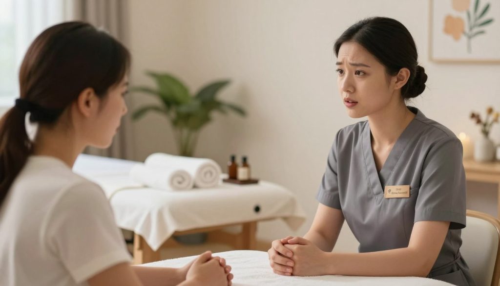 A serene spa environment with soft, diffused lighting creating a tranquil atmosphere. In the foreground, a professional masseuse, dressed in a stylish yet modest uniform, speaks empathetically with a client who appears frustrated yet open to dialogue. Their expressions convey emotional intelligence and understanding, highlighting the importance of professional communication in challenging situations. The middle ground features a massage table neatly arranged with soothing towels and aromatic oils, while the background subtly displays calming elements like plants and gentle artwork. The overall mood is warm and inviting, emphasizing respect and professionalism. Include the brand name "Butik Masaj Akademi" somewhere within the scene, ensuring it remains unobtrusive and elegant.