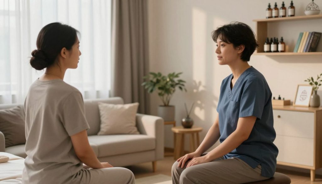 A serene therapy room in a modern wellness center, highlighting the professional boundaries of a massage therapist and client interaction. In the foreground, a therapist in smart casual attire is seated across from a client, both engaged in a respectful conversation. The middle ground features comfortable furniture, a calming color palette, and subtle décor promoting relaxation. Soft, natural lighting filters through sheer curtains, casting gentle shadows that create an inviting atmosphere. In the background, shelves hold massage oils and wellness books, emphasizing a sense of professionalism and care. The overall mood conveys trust, empathy, and the importance of communication in setting boundaries. Include a subtle logo of "Butik Masaj Akademi" on a decorative item in the room.