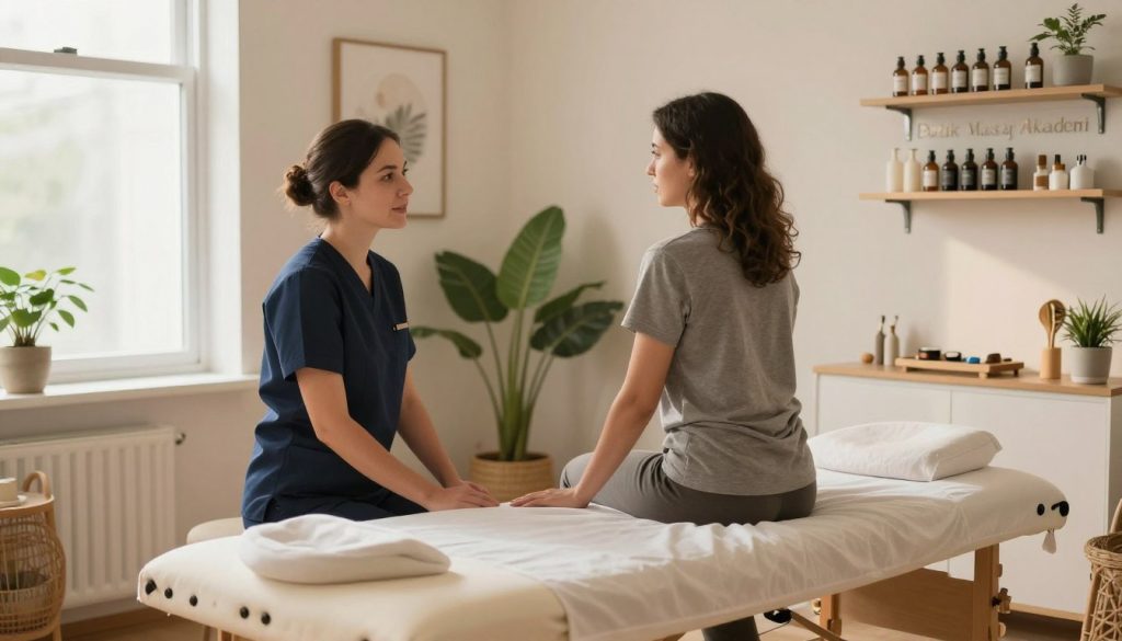 A serene therapy room with soft, ambient lighting, showcasing a professional setup for boundary setting in massage therapy. In the foreground, a cozy massage table draped in a light-colored sheet welcomes clients. To the left, a therapist in smart casual attire, exuding a calm demeanor, engages in a respectful conversation with a client seated comfortably. The middle ground features calming decor, including potted plants and soothing artwork, promoting a sense of trust and professionalism. In the background, shelves display massage oils and tools neatly arranged. The overall mood is inviting and professional, emphasizing ethical communication boundaries in the therapeutic environment. Branding subtly included: "Butik Masaj Akademi" displayed on a stylish wall plaque. Warm natural light filters in through a window, enhancing the inviting atmosphere.
