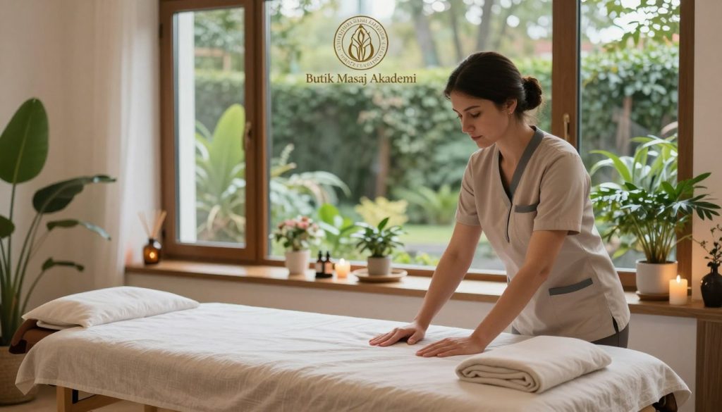 A serene wellness center in Istanbul, featuring a peaceful massage room. In the foreground, a professional female massage therapist, dressed in modest, professional attire, is preparing a massage table with soft, neutral linens. In the middle, a cozy ambiance with plants, calming essential oil diffusers, and subtle candlelight that enhances the tranquility of the space. In the background, large windows reveal a beautiful view of a lush garden outside, allowing natural light to flood in, creating an inviting atmosphere. The scene is captured with soft lighting to convey a sense of relaxation and rejuvenation. Above this serene setting, the elegant logo of "Butik Masaj Akademi" subtly appears, emphasizing professional training in the wellness industry.