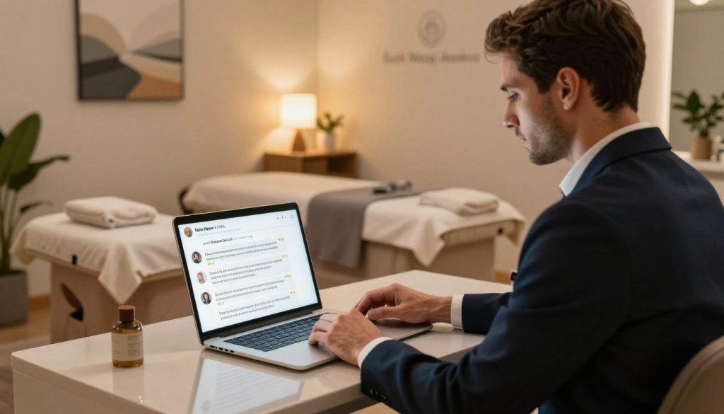 A sophisticated and professional atmosphere depicting the concept of client feedback in a massage therapy context. In the foreground, a well-dressed male masseur, wearing professional attire, is seated at a sleek, modern desk with a laptop open, displaying positive customer feedback in the form of glowing testimonials. In the middle of the scene, a comfortable and inviting massage room with warm, ambient lighting and soft textiles, providing a sense of relaxation and trust. The background features tasteful decor, such as serene artwork and plants that enhance the calming atmosphere. The mood is professional yet welcoming, emphasizing the importance of client relations and feedback in establishing reputation. Include the brand name "Butik Masaj Akademi" subtly in the décor. The perspective should be slightly elevated to capture the entirety of the scene effectively. A sophisticated and professional atmosphere depicting the concept of client feedback in a massage therapy context. In the foreground, a well-dressed male masseur, wearing professional attire, is seated at a sleek, modern desk with a laptop open, displaying positive customer feedback in the form of glowing testimonials. In the middle of the scene, a comfortable and inviting massage room with warm, ambient lighting and soft textiles, providing a sense of relaxation and trust. The background features tasteful decor, such as serene artwork and plants that enhance the calming atmosphere. The mood is professional yet welcoming, emphasizing the importance of client relations and feedback in establishing reputation. Include the brand name "Butik Masaj Akademi" subtly in the décor. The perspective should be slightly elevated to capture the entirety of the scene effectively.