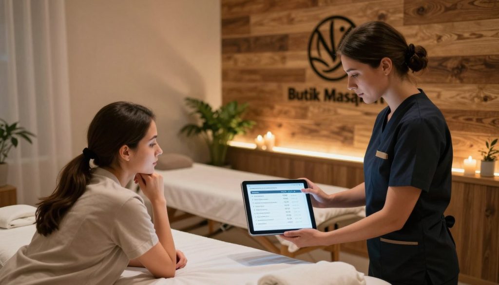 A stylish and modern interior of a massage salon in Beşiktaş, featuring elegant spa décor. In the foreground, a professional massage therapist in smart, comfortable business attire is demonstrating a price analysis chart on a tablet, engaging with a client who appears interested but contemplative. In the middle, a serene treatment room with soft ambient lighting, equipped with a massage table, soothing candles, and calming plants, creating a relaxing atmosphere. The background includes a rustic wooden wall adorned with the "Butik Masaj Akademisi" logo, enhancing the brand presence. The overall mood is professional yet inviting, accentuated by warm lighting that adds a tranquil feel. The image captures the essence of pricing strategies in the wellness industry. A stylish and modern interior of a massage salon in Beşiktaş, featuring elegant spa décor. In the foreground, a professional massage therapist in smart, comfortable business attire is demonstrating a price analysis chart on a tablet, engaging with a client who appears interested but contemplative. In the middle, a serene treatment room with soft ambient lighting, equipped with a massage table, soothing candles, and calming plants, creating a relaxing atmosphere. The background includes a rustic wooden wall adorned with the "Butik Masaj Akademisi" logo, enhancing the brand presence. The overall mood is professional yet inviting, accentuated by warm lighting that adds a tranquil feel. The image captures the essence of pricing strategies in the wellness industry.
