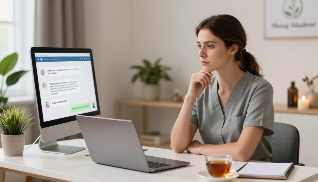 A thoughtful, professional scene depicting a female massage therapist, dressed in smart casual attire, sitting at her desk in a modern, well-lit office environment. She is contemplating a response to inappropriate messages on her computer screen, showcasing a look of concentration mixed with professionalism. The foreground features a neatly organized desk with a laptop, notepad, and a cup of tea. In the middle, the therapist is engaged with her workstation, her facial expression reflecting the dilemma of balancing professionalism and personal boundaries. The background displays tranquil spa-like decor, with plants and soft lighting creating a calming atmosphere. The image should convey the importance of Pause and Reflect, capturing the essence of the evaluation process for inappropriate messages. Include the brand name "Butik Masaj Akademi" subtly integrated into the decor.
