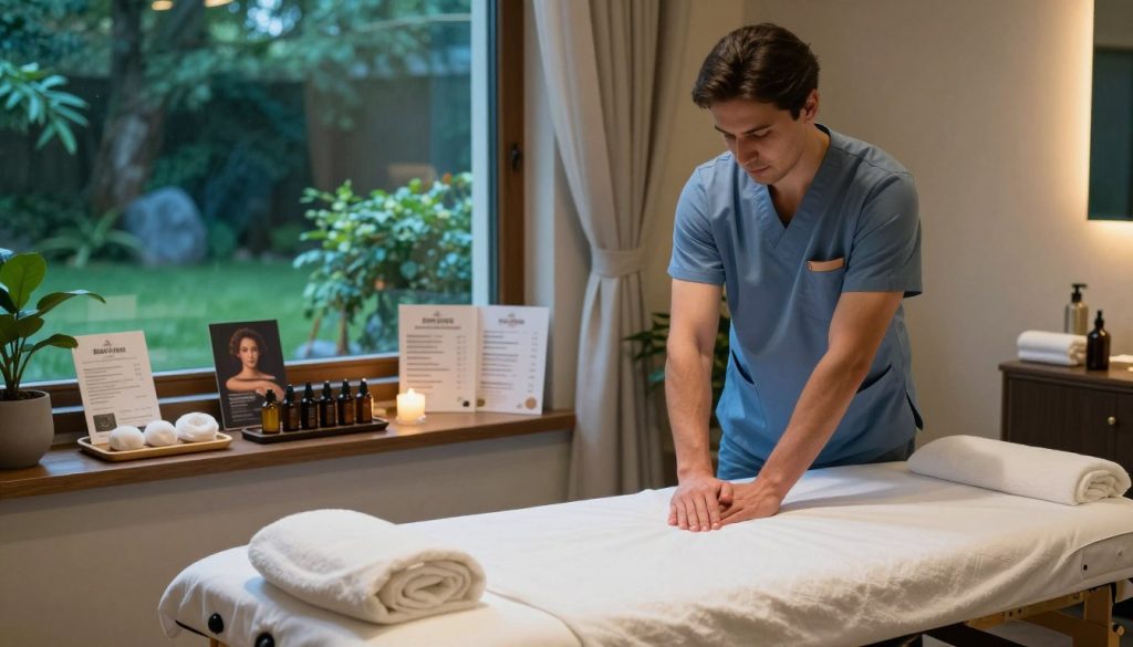 A tranquil therapy room designed for professional massages, featuring a massage table surrounded by calming decor, including soft ambient lighting and soothing colors in shades of blue and green. In the foreground, a well-dressed therapist in professional attire is demonstrating a therapeutic massage technique, showcasing their expertise and focus. In the middle, elements representing various massage techniques are displayed, like essential oils, and brochures outlining different treatment options and pricing structures. In the background, a window reveals a serene garden, enhancing the peaceful atmosphere. The image conveys a sense of professionalism and relaxation, highlighting the brand "Butik Masaj Akademisi" subtly through the serene setting, without any text or logos visible. A tranquil therapy room designed for professional massages, featuring a massage table surrounded by calming decor, including soft ambient lighting and soothing colors in shades of blue and green. In the foreground, a well-dressed therapist in professional attire is demonstrating a therapeutic massage technique, showcasing their expertise and focus. In the middle, elements representing various massage techniques are displayed, like essential oils, and brochures outlining different treatment options and pricing structures. In the background, a window reveals a serene garden, enhancing the peaceful atmosphere. The image conveys a sense of professionalism and relaxation, highlighting the brand "Butik Masaj Akademisi" subtly through the serene setting, without any text or logos visible.