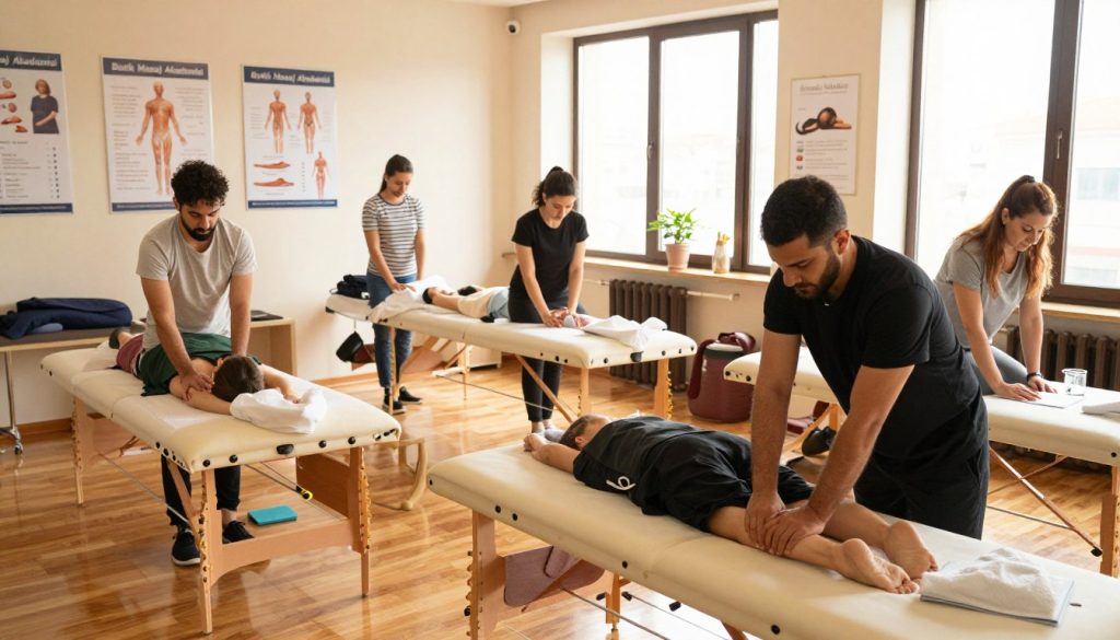 A vibrant and professional massage training classroom in Istanbul, showcasing a diverse group of students engaged in learning the art of massage therapy. In the foreground, a knowledgeable instructor demonstrates techniques on a massage table, with students attentively observing and taking notes. The middle ground features additional students practicing on each other, all dressed in modest casual clothing. The background includes educational posters about anatomy and massage techniques, with large windows allowing natural sunlight to flood the room, creating a warm and inviting atmosphere. The image should capture the essence of "Butik Masaj Akademisi," emphasizing a supportive and focused learning environment, with a sense of community and professionalism. Soft, diffused lighting enhances the soothing ambiance, and the overall angle of the shot is slightly elevated to encompass the entire classroom.