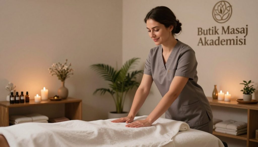 A well-designed profile for a professional massage therapist, showcasing the essence of effective massage techniques. The foreground features a serene, comfortable massage room with soft ambient lighting, natural color tones, and a massage table adorned with fresh linen. In the middle, a confident and approachable female massage therapist, dressed in professional business attire, stands beside the table, her hands gracefully positioned as if ready to meet a client. The background shows calming elements like essential oils, soothing candles, and decorative plants, enhancing a relaxing atmosphere. The overall mood is tranquil, inviting, and trustworthy, representing the brand "Butik Masaj Akademisi." The angle captures the therapist's warm smile, emphasizing professionalism without any text or distractions.