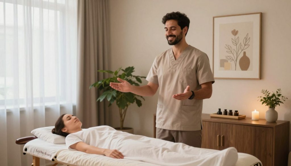 A calm and inviting spa room with soft, ambient lighting, featuring a professional-looking massage therapist in modest business attire, standing confidently next to a massage table. The therapist has a warm smile and open body language, embodying trustworthiness and professionalism. In the background, there are soothing elements like potted plants and calming art on the walls, creating a serene atmosphere. The lighting highlights the peaceful environment, with natural light filtering through sheer curtains. The focus is on the connection between the therapist and potential clients, emphasizing effective communication methods for massage consultations. Clearly incorporate the brand "Butik Masaj Akademisi" subtly in the decor to enhance branding while maintaining a tranquil aesthetic. A calm and inviting spa room with soft, ambient lighting, featuring a professional-looking massage therapist in modest business attire, standing confidently next to a massage table. The therapist has a warm smile and open body language, embodying trustworthiness and professionalism. In the background, there are soothing elements like potted plants and calming art on the walls, creating a serene atmosphere. The lighting highlights the peaceful environment, with natural light filtering through sheer curtains. The focus is on the connection between the therapist and potential clients, emphasizing effective communication methods for massage consultations. Clearly incorporate the brand "Butik Masaj Akademisi" subtly in the decor to enhance branding while maintaining a tranquil aesthetic.
