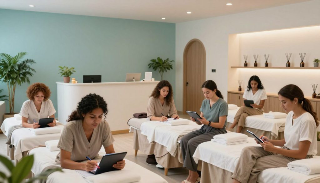 A modern and inviting massage salon interior, showcasing a clean and serene atmosphere. In the foreground, a diverse group of customers, dressed in modest casual clothing, are engaged in writing reviews on tablets and papers, portraying satisfaction and relaxation. In the middle, a beautifully arranged reception area with natural elements like plants and soft lighting, emphasizing tranquility. The background features softly lit massage rooms, complete with calming décor and essential oil diffusers. The overall color palette includes soothing blues and greens to create a peaceful mood. Capture the essence of Butik Masaj Akademi with a bright, airy feel, using a wide-angle lens to encompass the salon's ambiance and make it inviting and warm. A modern and inviting massage salon interior, showcasing a clean and serene atmosphere. In the foreground, a diverse group of customers, dressed in modest casual clothing, are engaged in writing reviews on tablets and papers, portraying satisfaction and relaxation. In the middle, a beautifully arranged reception area with natural elements like plants and soft lighting, emphasizing tranquility. The background features softly lit massage rooms, complete with calming décor and essential oil diffusers. The overall color palette includes soothing blues and greens to create a peaceful mood. Capture the essence of Butik Masaj Akademi with a bright, airy feel, using a wide-angle lens to encompass the salon's ambiance and make it inviting and warm.
