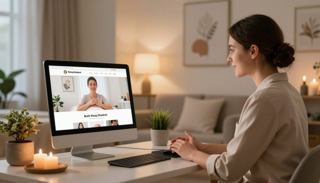 A modern, inviting online massage salon scene representing "Butik Masaj Akademi". In the foreground, display a sleek, organized workspace with a computer showcasing a well-designed website about massage services, surrounded by soothing decor like plants and candles. In the middle ground, illustrate a professional, friendly staff member, dressed in a smart casual outfit, engaged in a video call, demonstrating a personal touch in online consultations. The background features calming aesthetics, such as soft lighting and elegant artwork that convey relaxation and serenity. Use warm, ambient light to create a welcoming atmosphere, with a slight focus on the staff member to emphasize their engagement in online research and evaluation methods. The image should evoke a sense of professionalism and tranquility, perfect for an online massage salon. A modern, inviting online massage salon scene representing "Butik Masaj Akademi". In the foreground, display a sleek, organized workspace with a computer showcasing a well-designed website about massage services, surrounded by soothing decor like plants and candles. In the middle ground, illustrate a professional, friendly staff member, dressed in a smart casual outfit, engaged in a video call, demonstrating a personal touch in online consultations. The background features calming aesthetics, such as soft lighting and elegant artwork that convey relaxation and serenity. Use warm, ambient light to create a welcoming atmosphere, with a slight focus on the staff member to emphasize their engagement in online research and evaluation methods. The image should evoke a sense of professionalism and tranquility, perfect for an online massage salon.