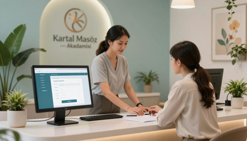 A modern, inviting spa reception area designed for an online appointment system for "Kartal Masöz", emphasizing efficient scheduling. In the foreground, a sleek reception desk with a computer displaying a user-friendly booking interface. The middle features a professional staff member in smart casual attire, assisting a client with queries about booking. The background showcases calming decor with soft lighting, plants, and pleasant art, creating a tranquil atmosphere. Use warm, natural lighting to enhance the comfort of the space, with a focus on inviting colors like soft blues and greens. The logo of "Butik Masaj Akademisi" is subtly integrated into the design elements of the reception area, emphasizing professionalism and a sense of serenity without any text or overlays.