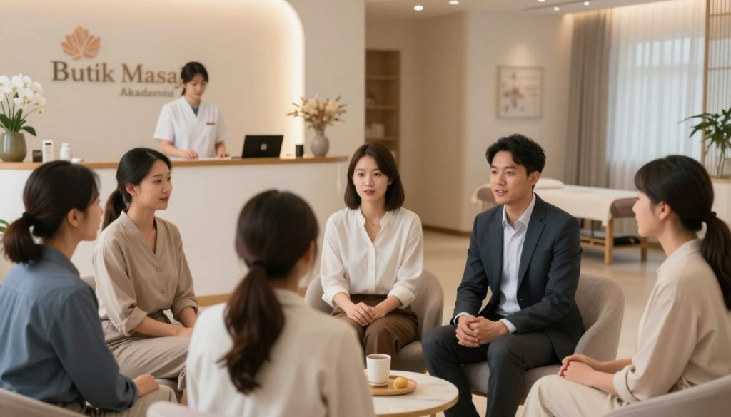 A professional and inviting image illustrating the communication process in massage service pricing. In the foreground, depict a diverse group of individuals in professional business attire engaged in a discussion, highlighting attentiveness and rapport. The middle ground should feature a serene reception area with elegant décor and visual elements representing a massage therapy clinic, such as calming artwork and soft furnishings. In the background, show faint outlines of a tranquil massage room with soft lighting creating a warm atmosphere. The lighting should be soft and natural to evoke a sense of comfort and professionalism. The mood should be calm and conducive to open communication, emphasizing the importance of customer relations in the massage therapy industry. Include the brand name “Butik Masaj Akademisi” subtly integrated into the scene. A professional and inviting image illustrating the communication process in massage service pricing. In the foreground, depict a diverse group of individuals in professional business attire engaged in a discussion, highlighting attentiveness and rapport. The middle ground should feature a serene reception area with elegant décor and visual elements representing a massage therapy clinic, such as calming artwork and soft furnishings. In the background, show faint outlines of a tranquil massage room with soft lighting creating a warm atmosphere. The lighting should be soft and natural to evoke a sense of comfort and professionalism. The mood should be calm and conducive to open communication, emphasizing the importance of customer relations in the massage therapy industry. Include the brand name “Butik Masaj Akademisi” subtly integrated into the scene.