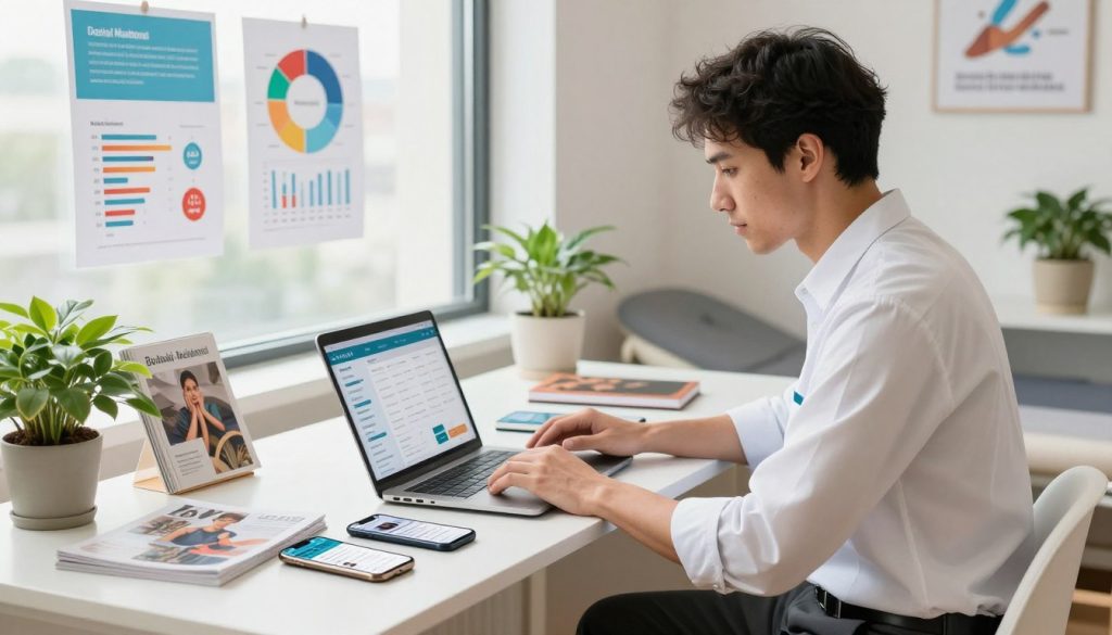 A professional massage therapist working at a stylish, modern workspace, focused on social media management strategies. In the foreground, a well-dressed individual, wearing a crisp shirt and slacks, analyzes data on a laptop, surrounded by smartphone devices displaying social media platforms. In the middle, a sleek desk features plants and wellness magazines, adding a touch of relaxation. In the background, colorful infographics and charts illustrate social media engagement metrics and strategies, emphasizing digital visibility. The scene is bright and airy, illuminated by soft natural light filtering through large windows, creating an inviting atmosphere. The overall mood is focused and strategic, reflecting the theme of digital growth for "Butik Masaj Akademisi."