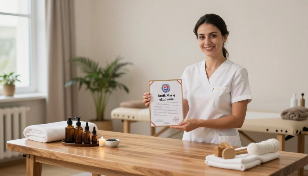 A professional massage therapist's profile creation scene in Kadıköy, showcasing a well-lit, inviting workspace. In the foreground, a polished wooden table is adorned with calming aromatherapy oils and massage tools, suggesting a high-quality massage environment. The middle ground features a massage therapist in professional attire, offering a welcoming smile while showcasing visible credentials related to "Butik Masaj Akademisi". The background reveals a tranquil room with soft, neutral colors, plants for a natural touch, and gentle lighting from large windows, creating a serene atmosphere. The mood is warm and professional, ideal for showcasing effective profile creation tips for massage therapists. Emphasize a sense of professionalism and approachability, reflecting best practices for visibility in the wellness sector.