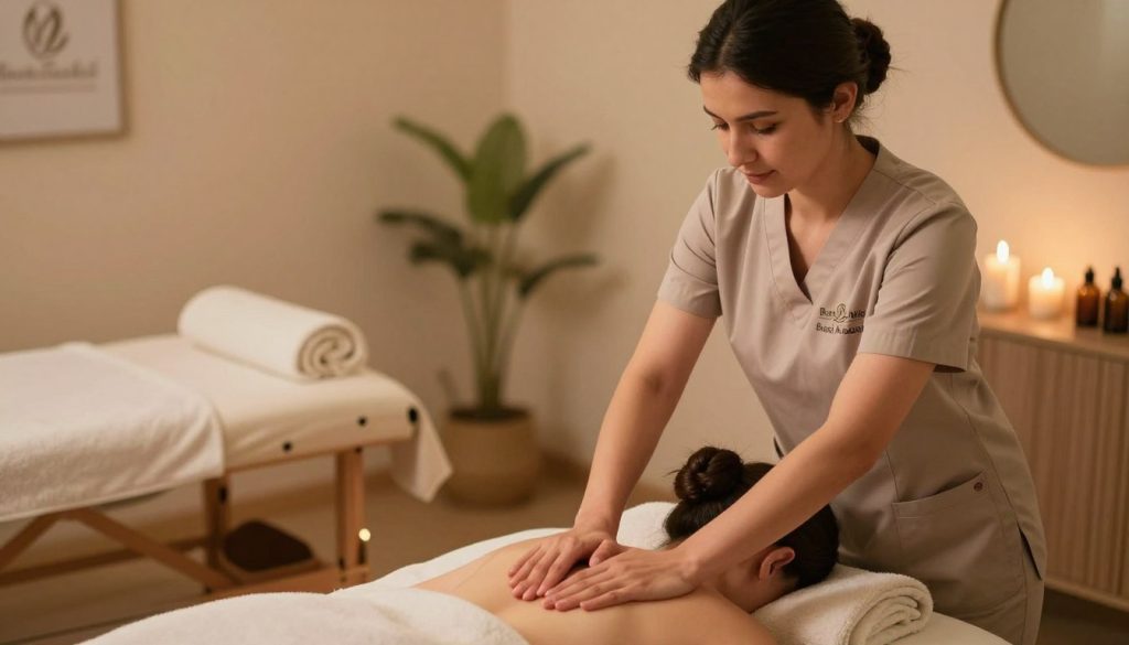 A professional massage therapy studio scene featuring a skilled female therapist demonstrating a serene massage technique on a client. The foreground showcases the therapist in modest, professional attire, concentrating on her work while presenting an inviting, calm demeanor. The middle section reveals a massage table adorned with plush towels and soothing aromatherapy oils, accentuating wellness. In the background, softly lit ambient lighting creates a tranquil atmosphere, with peaceful décor such as candles and gentle plant life. The image should exhibit a warm color palette to evoke relaxation and comfort. Capture the scene with a slightly elevated angle, employing soft focus to enhance the intimate, professional quality of the interaction, emphasizing the brand "Butik Masaj Akademisi".