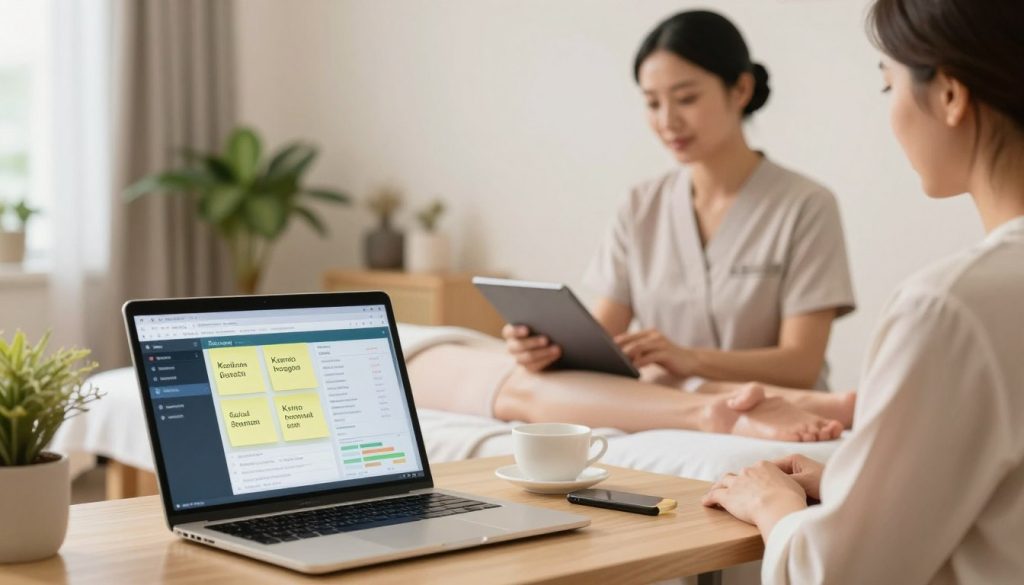 A professional, serene setting dedicated to a massage therapy business, focusing on keyword strategy for social media promotion. In the foreground, a well-organized desk features a laptop displaying social media analytics and sticky notes with keywords and phrases. The middle layer showcases a massage therapist, dressed in professional business attire, engaging with clients through a tablet, radiating confidence and professionalism. The background includes calming decor, such as plants and soft lighting, creating a tranquil atmosphere that emphasizes relaxation and expertise. The lighting is soft and warm, mimicking natural daylight, captured with a slightly blurred depth of field to focus on the subject matter. The brand "Butik Masaj Akademisi" subtly incorporated in the scene, conveying a commitment to quality and professionalism in massage therapy.