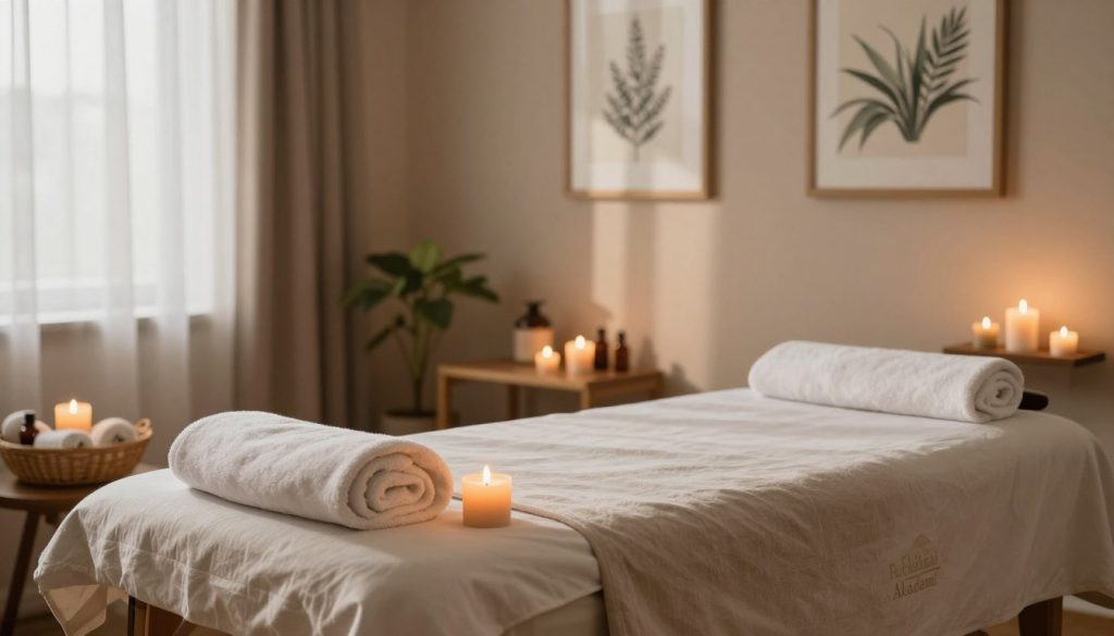 A serene and inviting atmosphere for a home massage session preparation. In the foreground, a neatly arranged massage table adorned with soft, neutral-colored linens, surrounded by soothing aromatherapy candles flickering gently. A basket of clean towels and essential oils is placed nearby, hinting at relaxation. In the middle ground, a calming space featuring framed nature artwork on the walls, with gentle daylight streaming through sheer curtains, casting soft shadows. A small plant brings a touch of greenery. The background presents warm, earthy tones, enhancing the peaceful vibe. The overall mood is tranquil and welcoming, designed to evoke a sense of relaxation and readiness for a massage. Include the brand name "Butik Masaj Akademi" subtly in the scene, ensuring a professional presentation.