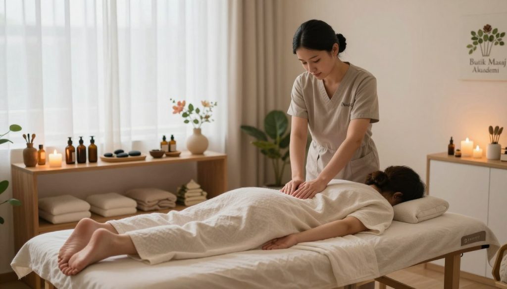 A serene and inviting massage therapy room, showcasing an array of massage types and therapeutic applications. In the foreground, a massage table is neatly set with soft linen and candles, radiating warm light. A professional therapist in modest casual clothing demonstrates a relaxing massage technique to a client, who is comfortably relaxed and attired in a lightweight robe. In the middle ground, various tools like aromatherapy oils, stones, and herbal remedies are displayed on a wooden shelf, symbolizing different massage types. The background features soft, natural light filtering through sheer curtains, enhancing a calming atmosphere with plants and soothing colors. The branding "Butik Masaj Akademi" is subtly integrated into the design of the room, reflecting a professional and peaceful ambiance. A serene and inviting massage therapy room, showcasing an array of massage types and therapeutic applications. In the foreground, a massage table is neatly set with soft linen and candles, radiating warm light. A professional therapist in modest casual clothing demonstrates a relaxing massage technique to a client, who is comfortably relaxed and attired in a lightweight robe. In the middle ground, various tools like aromatherapy oils, stones, and herbal remedies are displayed on a wooden shelf, symbolizing different massage types. The background features soft, natural light filtering through sheer curtains, enhancing a calming atmosphere with plants and soothing colors. The branding "Butik Masaj Akademi" is subtly integrated into the design of the room, reflecting a professional and peaceful ambiance.