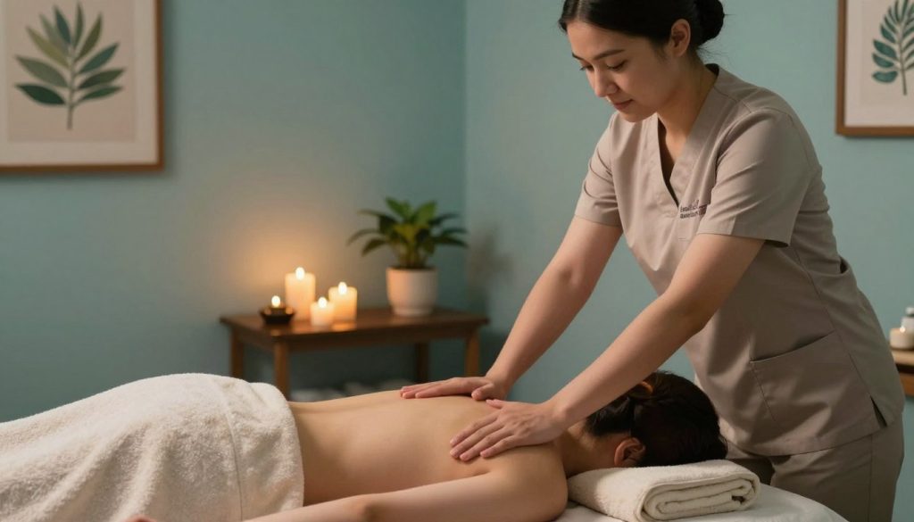 A serene and inviting massage therapy room showcasing the psychological benefits of relaxation massage. In the foreground, a therapist, dressed in professional attire, gently massaging a client who is comfortably draped in a soft towel, both appearing calm and at ease. In the middle ground, soothing elements include warm, ambient lighting, softly glimmering candles, and a small plant adding a touch of nature to the space. The background features calming artwork on the walls and a tranquil color palette of soft blues and greens, enhancing the soothing atmosphere. The image suggests a sense of peace, healing, and emotional well-being, emphasizing the therapeutic effects of massage. The branding "Butik Masaj Akademi" is subtly integrated into the design, harmonizing with the overall aesthetic. A serene and inviting massage therapy room showcasing the psychological benefits of relaxation massage. In the foreground, a therapist, dressed in professional attire, gently massaging a client who is comfortably draped in a soft towel, both appearing calm and at ease. In the middle ground, soothing elements include warm, ambient lighting, softly glimmering candles, and a small plant adding a touch of nature to the space. The background features calming artwork on the walls and a tranquil color palette of soft blues and greens, enhancing the soothing atmosphere. The image suggests a sense of peace, healing, and emotional well-being, emphasizing the therapeutic effects of massage. The branding "Butik Masaj Akademi" is subtly integrated into the design, harmonizing with the overall aesthetic.