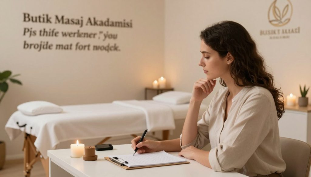 A serene and inviting massage therapy studio interior, featuring soft, warm lighting that creates a calming atmosphere. In the foreground, a professional looking figure, dressed in modest casual attire, sits at a neatly organized desk filled with notepads and pens, contemplating effective profile writing tips for massage specialists. The medium includes a wall adorned with inspirational quotes about wellness and self-care, enhancing the focus on personal branding. The background features a massage table elegantly draped in clean linens, and calming decorations like candles and plants to foster relaxation. The overall mood is tranquil, inspiring professionalism and confidence. The brand name "Butik Masaj Akademisi" is subtly integrated into the ambient design elements.