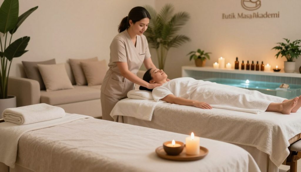 A serene and inviting spa massage center interior, showcasing various massage service options. In the foreground, a beautifully arranged massage table with soft linens and relaxing aromatherapy candles, exuding tranquility. The middle ground features a friendly massage therapist, dressed in professional attire, offering consultation to a satisfied client surrounded by plush cushions and essential oils. In the background, softly lit ambiance with greenery and calming water elements, enhancing the peaceful atmosphere. Use warm, natural lighting to create a soothing effect, with a shallow depth of field focusing on the interaction. The image incorporates the brand name "Butik Masaj Akademi" subtly in the environment. Emphasize relaxation and comfort throughout the scene. A serene and inviting spa massage center interior, showcasing various massage service options. In the foreground, a beautifully arranged massage table with soft linens and relaxing aromatherapy candles, exuding tranquility. The middle ground features a friendly massage therapist, dressed in professional attire, offering consultation to a satisfied client surrounded by plush cushions and essential oils. In the background, softly lit ambiance with greenery and calming water elements, enhancing the peaceful atmosphere. Use warm, natural lighting to create a soothing effect, with a shallow depth of field focusing on the interaction. The image incorporates the brand name "Butik Masaj Akademi" subtly in the environment. Emphasize relaxation and comfort throughout the scene.