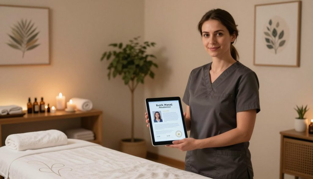 A serene and inviting spa setting focused on professional massage therapy. In the foreground, a skilled female massage therapist stands confidently, dressed in smart casual attire, exuding professionalism. In her hands, she holds a tablet displaying a digital portfolio filled with client testimonials and professional certifications. The middle ground features a cozy treatment room decorated with soft lighting, plush towels, and calming essential oils, evoking a relaxing atmosphere. In the background, gentle plants and soothing artwork enhance the tranquil vibe. The lighting is warm and soft, creating an inviting mood. The brand name "Butik Masaj Akademisi" subtly appears as part of the decor in the treatment room, emphasizing a professional environment for massage therapy.