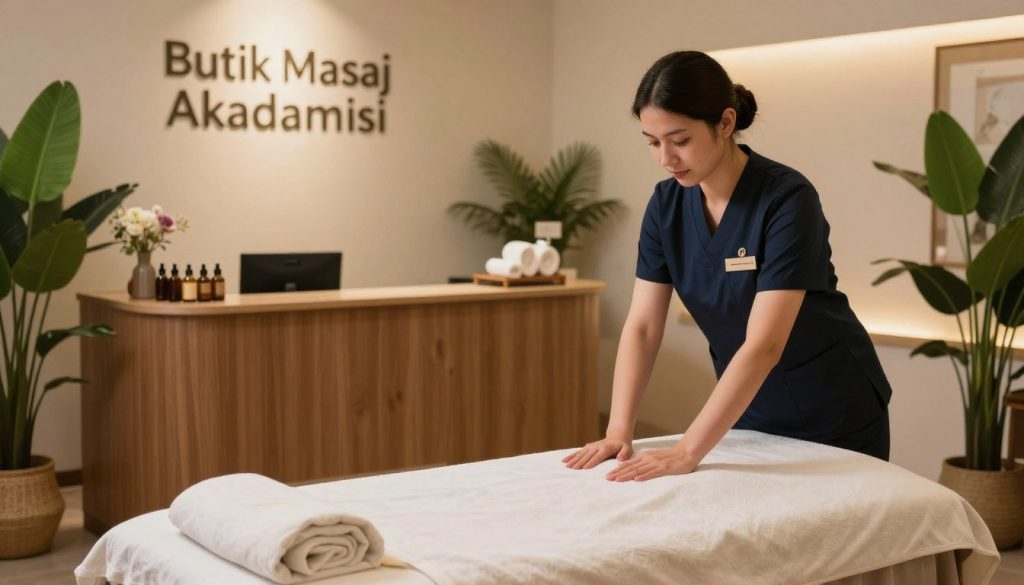 A serene and inviting wellness spa setting showcasing "Butik Masaj Akademisi." In the foreground, a professional massage therapist wearing smart business attire is seen gracefully preparing an elegant massage room, with soft linens and aromatic oils. In the middle ground, a neatly arranged reception area features a calming color palette, soft lighting, and lush greenery. The background highlights a tranquil environment with soothing décor and subtle ambient lighting, enhancing a sense of relaxation. The atmosphere conveys professionalism and warmth, encouraging communication and comfort for clients scheduling appointments. The image should capture the essence of a massage appointment process while remaining strictly Safe For Work. No text or digital overlays are included.
