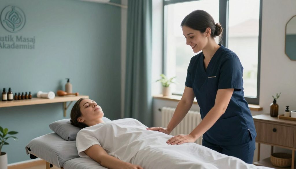 A serene and professional massage therapy environment featuring a well-appointed massage room. In the foreground, a massage therapist dressed in smart, casual professional attire demonstrates a friendly and welcoming demeanor while consulting with a client, who is seated comfortably on a massage chair. In the middle, the room showcases calming elements such as soft lighting, a soothing color palette of blues and greens, essential oils, and neatly arranged massage tools. In the background, a large window allows natural light to fill the room, highlighting the tranquility of the space. The atmosphere should convey professionalism, trustworthiness, and a strong sense of ethical boundaries. Subtle branding for "Butik Masaj Akademisi" can be incorporated into the decor.