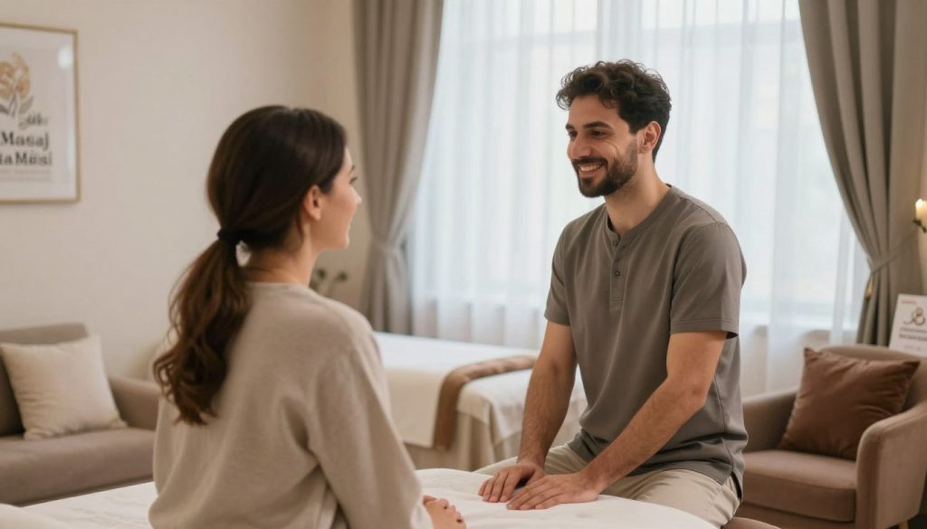 A serene and professional massage therapy setting in Bostancı, Turkey, showcasing a welcoming atmosphere. In the foreground, a friendly massage therapist in smart casual attire is engaging in a thoughtful conversation with a satisfied client, both smiling and exuding trust. In the middle ground, a tastefully decorated massage room is visible, with soft lighting, calming colors, and plush furnishings to create a soothing environment. In the background, light sheer curtains gently billow, allowing soft, natural light to filter through. The overall mood is one of comfort and reassurance, emphasizing the importance of communication in building trust. The branding "Butik Masaj Akademisi" can be subtly integrated into the decor or as a small logo on a brochure displayed nearby, maintaining a professional appearance. A serene and professional massage therapy setting in Bostancı, Turkey, showcasing a welcoming atmosphere. In the foreground, a friendly massage therapist in smart casual attire is engaging in a thoughtful conversation with a satisfied client, both smiling and exuding trust. In the middle ground, a tastefully decorated massage room is visible, with soft lighting, calming colors, and plush furnishings to create a soothing environment. In the background, light sheer curtains gently billow, allowing soft, natural light to filter through. The overall mood is one of comfort and reassurance, emphasizing the importance of communication in building trust. The branding "Butik Masaj Akademisi" can be subtly integrated into the decor or as a small logo on a brochure displayed nearby, maintaining a professional appearance.