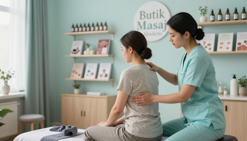 A serene and professional setting for a massage evaluation process at "Butik Masaj Akademi". In the foreground, a therapist in professional attire, demonstrating consultation with a client seated on a massage chair, discussing body mechanics and tension points. The middle ground features a well-organized consultation area with soothing decor, soft lighting, and calming colors, such as pale blues and greens. In the background, shelves lined with massage oils and wellness manuals subtly suggest the extensive knowledge base. Natural light floods in from a window, adding warmth to the atmosphere. The mood is tranquil and focused, emphasizing the importance of a thorough assessment in the massage process, creating an inviting and informative space where relaxation meets professionalism. A serene and professional setting for a massage evaluation process at "Butik Masaj Akademi". In the foreground, a therapist in professional attire, demonstrating consultation with a client seated on a massage chair, discussing body mechanics and tension points. The middle ground features a well-organized consultation area with soothing decor, soft lighting, and calming colors, such as pale blues and greens. In the background, shelves lined with massage oils and wellness manuals subtly suggest the extensive knowledge base. Natural light floods in from a window, adding warmth to the atmosphere. The mood is tranquil and focused, emphasizing the importance of a thorough assessment in the massage process, creating an inviting and informative space where relaxation meets professionalism.