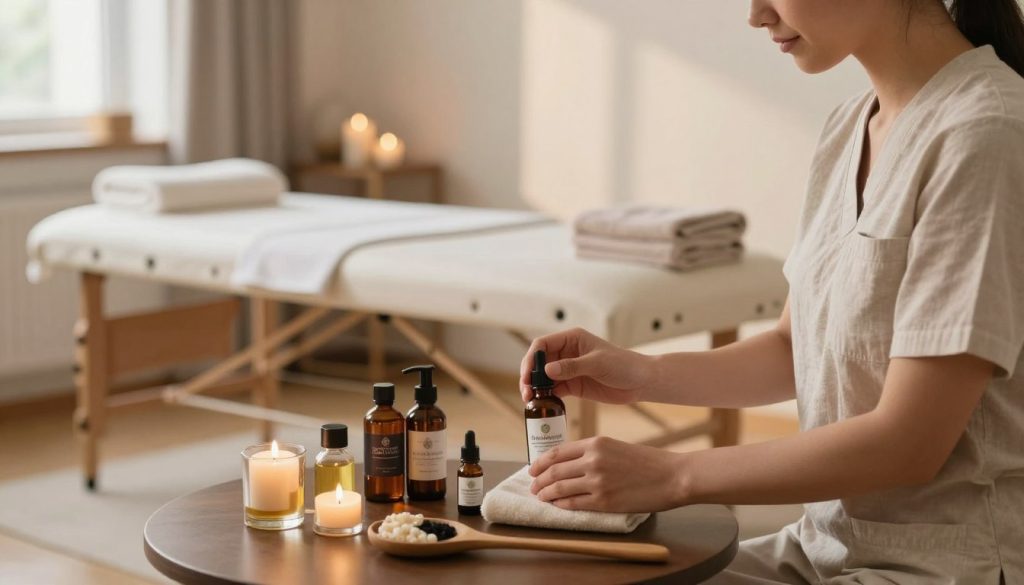 A serene home environment showcasing a professional massage therapist selecting the right massage oils and tools. In the foreground, the therapist, dressed in modest casual attire, examines a variety of massage oils on a beautifully arranged table, emphasizing a sense of care and professionalism. The middle layer features a well-organized massage setup with a massage table, calming candles, and soft towels, creating an inviting atmosphere. In the background, soft natural light streams through a window, casting gentle shadows, enhancing the peaceful ambiance of the room. The overall mood is tranquil and professional, reflecting a commitment to quality care. The brand name "Butik Masaj Akademi" subtly integrated into the scene.