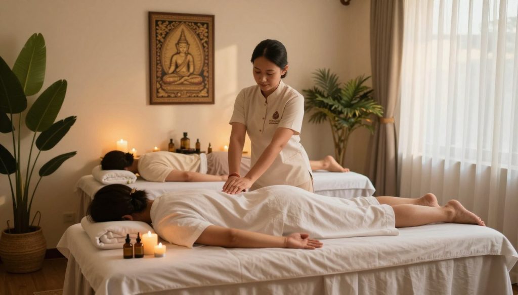 A serene interior of a Thai massage salon, showcasing various massage types. In the foreground, a massage table is set with soft linens and aromatic oils, surrounded by elegant candles and tropical plants. The middle layer features a skilled therapist in professional attire, demonstrating a gentle Thai massage technique on a client wearing modest casual clothing. The background displays a tranquil ambiance with wall art reflecting Thai culture, soft lighting creating a warm and inviting atmosphere. Gentle sunlight filters through sheer curtains, casting a calming glow throughout the space. The brand name “Butik Masaj Akademi” is subtly integrated into the scene, enhancing the professional feel of the environment. The overall mood is peaceful and rejuvenating, highlighting the diverse offerings of the massage salon. A serene interior of a Thai massage salon, showcasing various massage types. In the foreground, a massage table is set with soft linens and aromatic oils, surrounded by elegant candles and tropical plants. The middle layer features a skilled therapist in professional attire, demonstrating a gentle Thai massage technique on a client wearing modest casual clothing. The background displays a tranquil ambiance with wall art reflecting Thai culture, soft lighting creating a warm and inviting atmosphere. Gentle sunlight filters through sheer curtains, casting a calming glow throughout the space. The brand name “Butik Masaj Akademi” is subtly integrated into the scene, enhancing the professional feel of the environment. The overall mood is peaceful and rejuvenating, highlighting the diverse offerings of the massage salon.