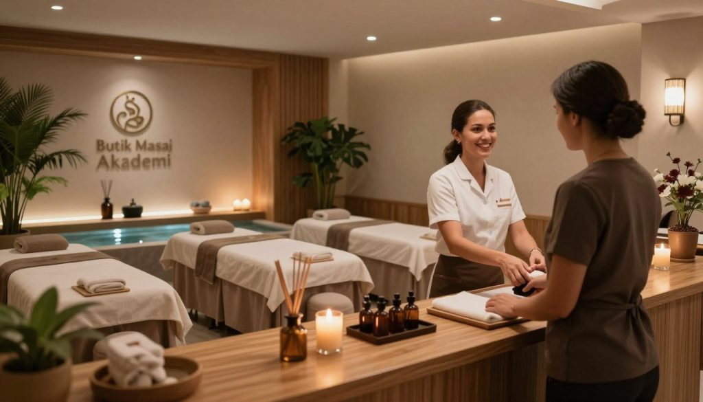 A serene interior of a luxury spa massage center in Istanbul, featuring elegant wooden furnishings and soothing earth-toned decor. In the foreground, a well-organized reception area with a friendly staff member in professional attire welcomes guests. The middle layer showcases a spacious massage room with soft ambient lighting and calming elements like candles and essential oil diffusers. In the background, a tranquil water feature adds to the peaceful atmosphere, while lush plants provide a touch of nature. Emphasize the inviting atmosphere of relaxation and professionalism, capturing the essence of spa experience evaluation criteria. Include subtle branding elements of "Butik Masaj Akademi" in the decor, ensuring a polished and refined visual tone. Use a soft focus lens to enhance the tranquility and create an intimate, warm feeling throughout the scene. A serene interior of a luxury spa massage center in Istanbul, featuring elegant wooden furnishings and soothing earth-toned decor. In the foreground, a well-organized reception area with a friendly staff member in professional attire welcomes guests. The middle layer showcases a spacious massage room with soft ambient lighting and calming elements like candles and essential oil diffusers. In the background, a tranquil water feature adds to the peaceful atmosphere, while lush plants provide a touch of nature. Emphasize the inviting atmosphere of relaxation and professionalism, capturing the essence of spa experience evaluation criteria. Include subtle branding elements of "Butik Masaj Akademi" in the decor, ensuring a polished and refined visual tone. Use a soft focus lens to enhance the tranquility and create an intimate, warm feeling throughout the scene.