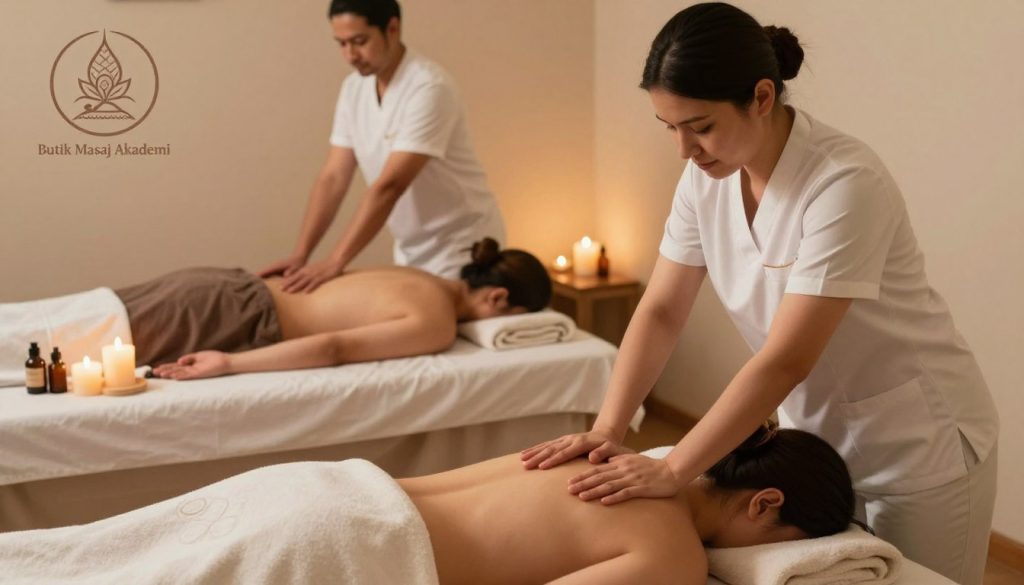A serene spa environment featuring various massage techniques and types, organized into distinct zones. In the foreground, a skilled therapist in professional attire demonstrates a soothing Swedish massage on a client, who is comfortably draped and relaxed. In the middle ground, a tranquil area showcases a Thai massage with another therapist using traditional stretching techniques. Surrounding them are elements like candles, essential oil bottles, and soft towels, creating a calming atmosphere. The background features soft, diffused lighting with gentle shadows, enhancing a sense of peace. Include subtle branding elements for "Butik Masaj Akademi" in elegant, unobtrusive design. The scene should evoke tranquility and professionalism, highlighting the art of massage. A serene spa environment featuring various massage techniques and types, organized into distinct zones. In the foreground, a skilled therapist in professional attire demonstrates a soothing Swedish massage on a client, who is comfortably draped and relaxed. In the middle ground, a tranquil area showcases a Thai massage with another therapist using traditional stretching techniques. Surrounding them are elements like candles, essential oil bottles, and soft towels, creating a calming atmosphere. The background features soft, diffused lighting with gentle shadows, enhancing a sense of peace. Include subtle branding elements for "Butik Masaj Akademi" in elegant, unobtrusive design. The scene should evoke tranquility and professionalism, highlighting the art of massage.