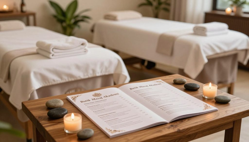 A serene spa setting showcasing a beautifully arranged massage service menu titled "Butik Masaj Akademi." In the foreground, a wooden table displays elegantly designed brochures with detailed pricing and service packages, surrounded by calming elements like smooth pebbles and soft candlelight. The middle ground features plush massage tables covered in soft white linens, with neatly folded towels and essential oils. In the background, a tranquil ambiance is created with soft, warm lighting and lush green plants enhancing the peaceful atmosphere. Capture this scene from a slightly elevated angle to provide an inviting and professional view, evoking a sense of relaxation and luxury, perfect for clients interested in quality massage services. A serene spa setting showcasing a beautifully arranged massage service menu titled "Butik Masaj Akademi." In the foreground, a wooden table displays elegantly designed brochures with detailed pricing and service packages, surrounded by calming elements like smooth pebbles and soft candlelight. The middle ground features plush massage tables covered in soft white linens, with neatly folded towels and essential oils. In the background, a tranquil ambiance is created with soft, warm lighting and lush green plants enhancing the peaceful atmosphere. Capture this scene from a slightly elevated angle to provide an inviting and professional view, evoking a sense of relaxation and luxury, perfect for clients interested in quality massage services.