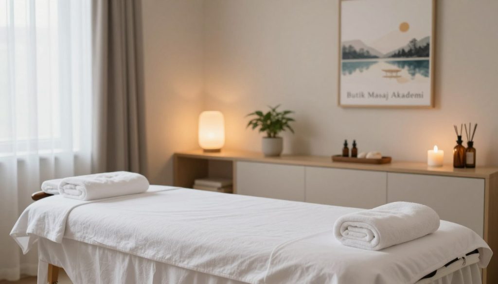 A serene, well-organized massage room designed for home massage services, inspired by "Butik Masaj Akademi". In the foreground, a neatly made massage table draped in fresh, white linens, flanked by plush towels and aromatherapy oils. The middle layer features calming decor, such as soft lighting from diffused lamps, a small indoor plant for a touch of nature, and tasteful artwork on the walls depicting tranquil scenes. In the background, a soft, muted color palette creates a soothing atmosphere, complementing warm wooden accents. The room is bathed in gentle, natural light filtering through sheer curtains, evoking a sense of relaxation and professionalism, perfect for preparing a calming massage experience. No people are present in the image, ensuring focus on the serene environment.