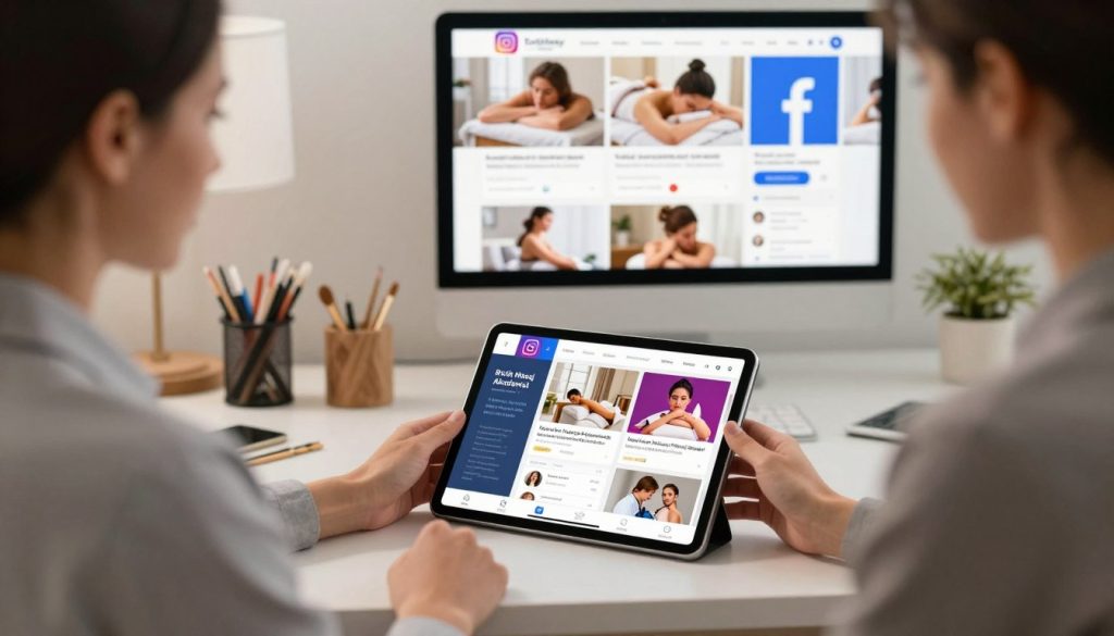 A sleek and modern social media workspace showcasing strategies for a massage parlor. In the foreground, a professional-looking individual in business attire is thoughtfully reviewing a tablet displaying visual content and analytics for "Butik Masaj Akademisi." In the middle, a stylish desk is cluttered with stationery, a laptop, and vibrant images representing social media posts about massage services. In the background, a gently lit screen displays engaging visuals from popular social platforms like Instagram and Facebook, depicting serene massage settings and satisfied clients. The atmosphere is calm and inviting, with soft lighting that emphasizes a productive and creative vibe. The overall mood is one of professionalism and trust, ideal for presenting effective social media strategies.