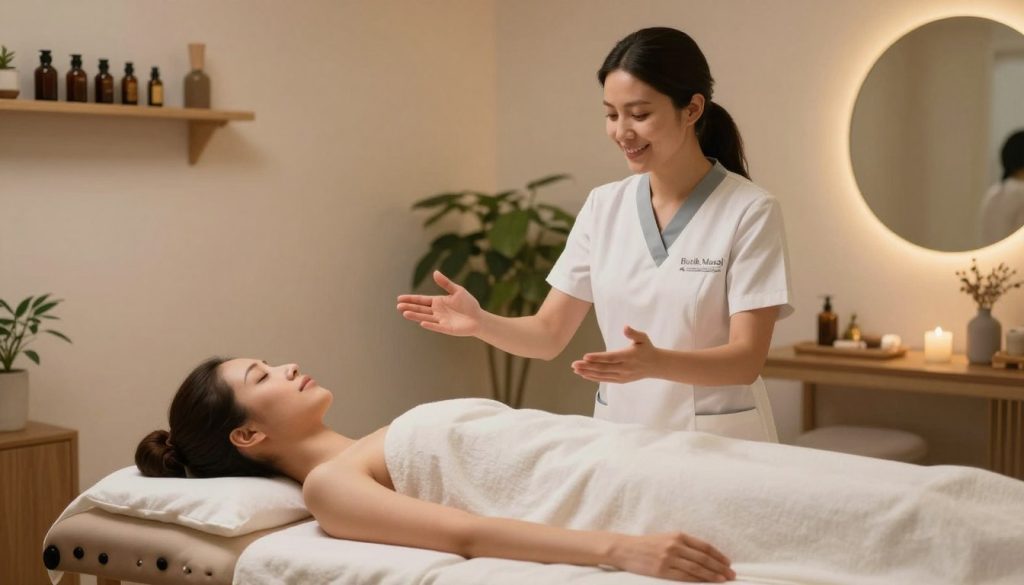 A tranquil and inviting massage therapy room featuring a comfortable massage table surrounded by soft, ambient lighting. In the foreground, a therapist dressed in professional attire is demonstrating effective communication techniques with a relaxed client. Their body language conveys trust and professionalism, using open gestures and a warm smile. The background reveals serene decor elements such as calming colors, therapeutic essential oils on a shelf, and plants that enhance the peaceful atmosphere. A subtle focus on 'Butik Masaj Akademisi' branding is included through tasteful elements in the room, creating an ambiance that reflects professional communication in therapeutic massage contexts. The composition captures a harmonious balance between a calming, professional environment and engaging communication, inviting viewers into the practice.