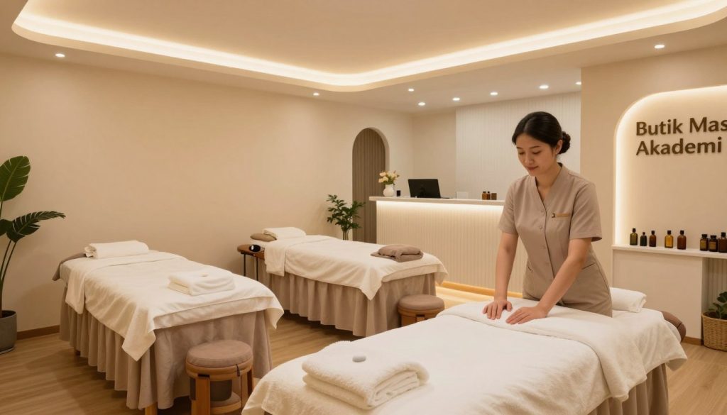 A welcoming massage salon interior designed for easy accessibility and strategic location, featuring serene decor with soft lighting that creates a relaxing atmosphere. In the foreground, a professional and friendly staff member dressed in modest attire is prepping a massage room, highlighting their commitment to client comfort. In the middle ground, cozy treatment rooms with calming colors and essential oils set the stage for relaxation. The background shows a stylish reception area with a clearly visible sign displaying "Butik Masaj Akademi". The composition is captured with a wide-angle lens to emphasize the spaciousness and inviting nature of the salon, all under warm, ambient lighting to evoke tranquility and ease. A welcoming massage salon interior designed for easy accessibility and strategic location, featuring serene decor with soft lighting that creates a relaxing atmosphere. In the foreground, a professional and friendly staff member dressed in modest attire is prepping a massage room, highlighting their commitment to client comfort. In the middle ground, cozy treatment rooms with calming colors and essential oils set the stage for relaxation. The background shows a stylish reception area with a clearly visible sign displaying "Butik Masaj Akademi". The composition is captured with a wide-angle lens to emphasize the spaciousness and inviting nature of the salon, all under warm, ambient lighting to evoke tranquility and ease.