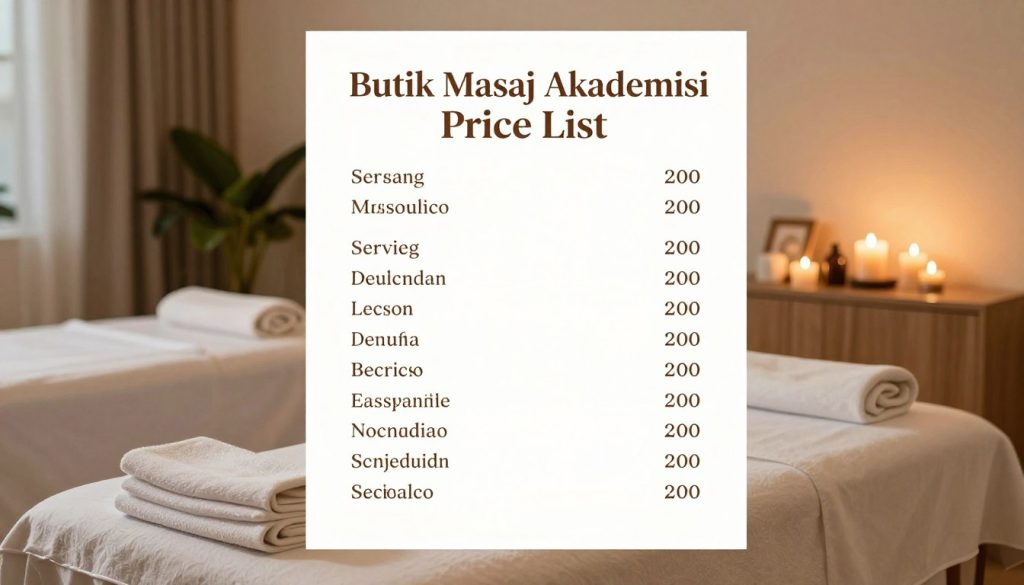 A well-designed professional price list for a massage salon, specifically showcasing "Butik Masaj Akademisi." The image features a clean, elegant layout displaying various massage services and their prices in a polished format. In the foreground, a beautifully arranged massage table with neatly folded linens and aromatic candles creates a welcoming atmosphere. The middle ground includes a modern setting with tasteful decor, such as plants and soft lighting, enhancing the serene mood. The background portrays a calming spa environment with subtle wooden accents and soft colors, suggesting tranquility. The lighting is warm and inviting, reminiscent of a soft sunset, with a focus on creating a sense of relaxation and professionalism. No people are present, ensuring the focus remains on the elements that represent the pricing aspect.
