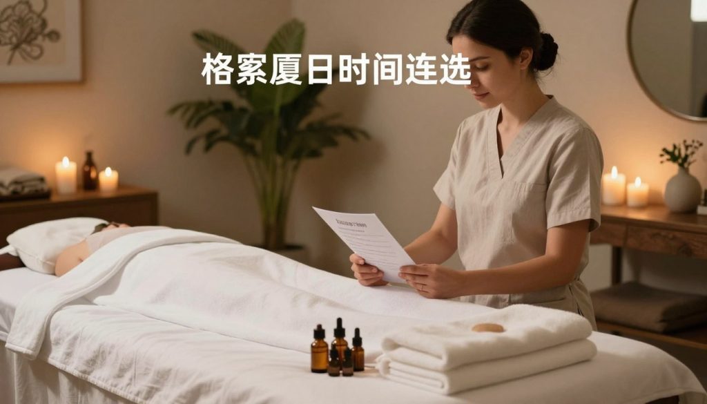 An elegant spa setting emphasizing the concept of "massage service duration selection." In the foreground, a serene treatment room with a massage table adorned with soft, white linens, fragrant essential oils, and neatly arranged towels. In the middle ground, a professional therapist in modest casual attire prepares for a session, thoughtfully reviewing a client’s service menu that highlights various massage durations. The background features tranquil decor, such as calming plants and soft candles, filling the air with a warm, inviting glow. Subtle, diffused lighting enhances a peaceful atmosphere, showcasing a harmonious blend of relaxation and professionalism. The image should evoke a sense of calm and focus on the aspect of service duration selection at Butik Masaj Akademi. An elegant spa setting emphasizing the concept of "massage service duration selection." In the foreground, a serene treatment room with a massage table adorned with soft, white linens, fragrant essential oils, and neatly arranged towels. In the middle ground, a professional therapist in modest casual attire prepares for a session, thoughtfully reviewing a client’s service menu that highlights various massage durations. The background features tranquil decor, such as calming plants and soft candles, filling the air with a warm, inviting glow. Subtle, diffused lighting enhances a peaceful atmosphere, showcasing a harmonious blend of relaxation and professionalism. The image should evoke a sense of calm and focus on the aspect of service duration selection at Butik Masaj Akademi.